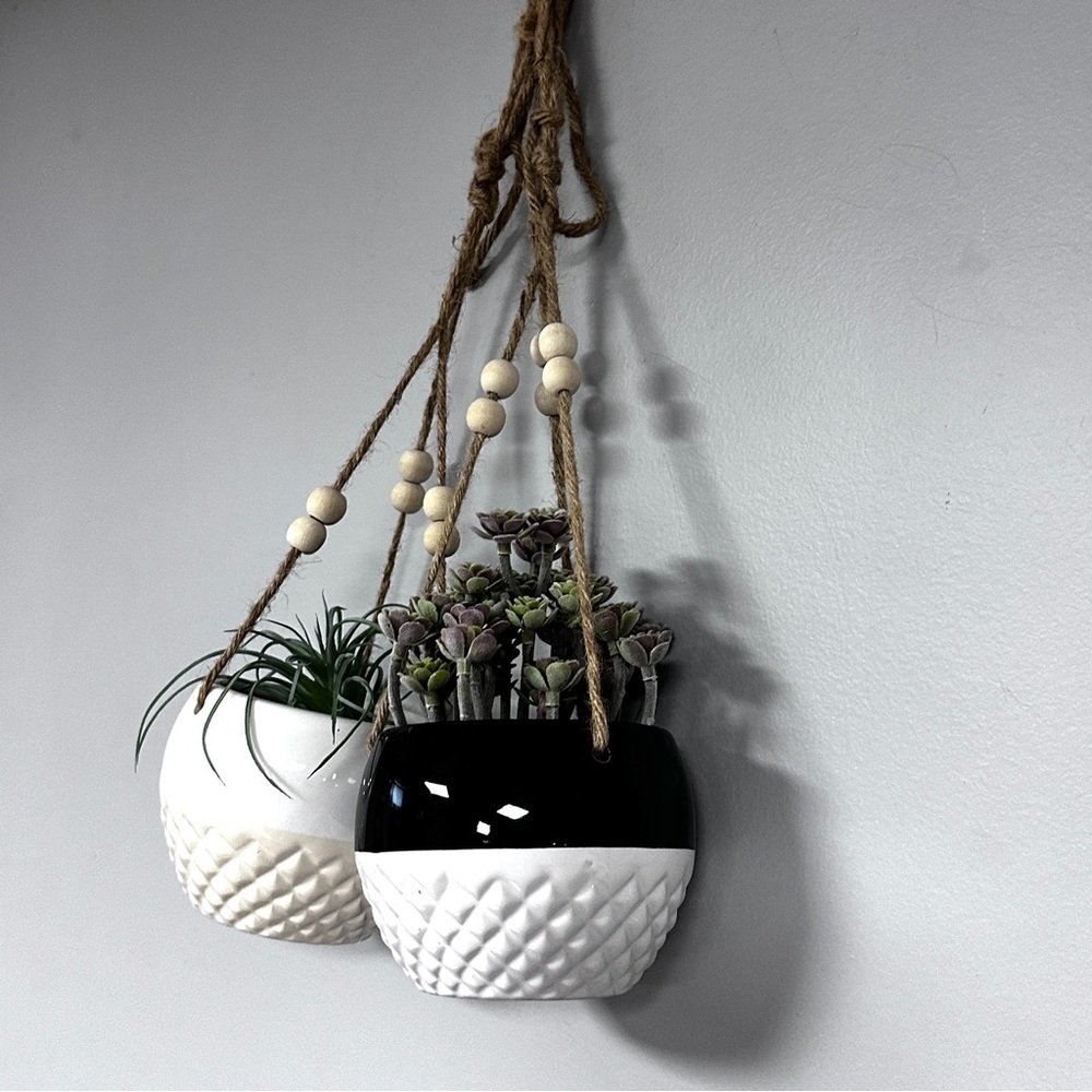 Two Bohemian Jute Hanging Planters Home Decor Accents Faux Plants, Free mini Pot